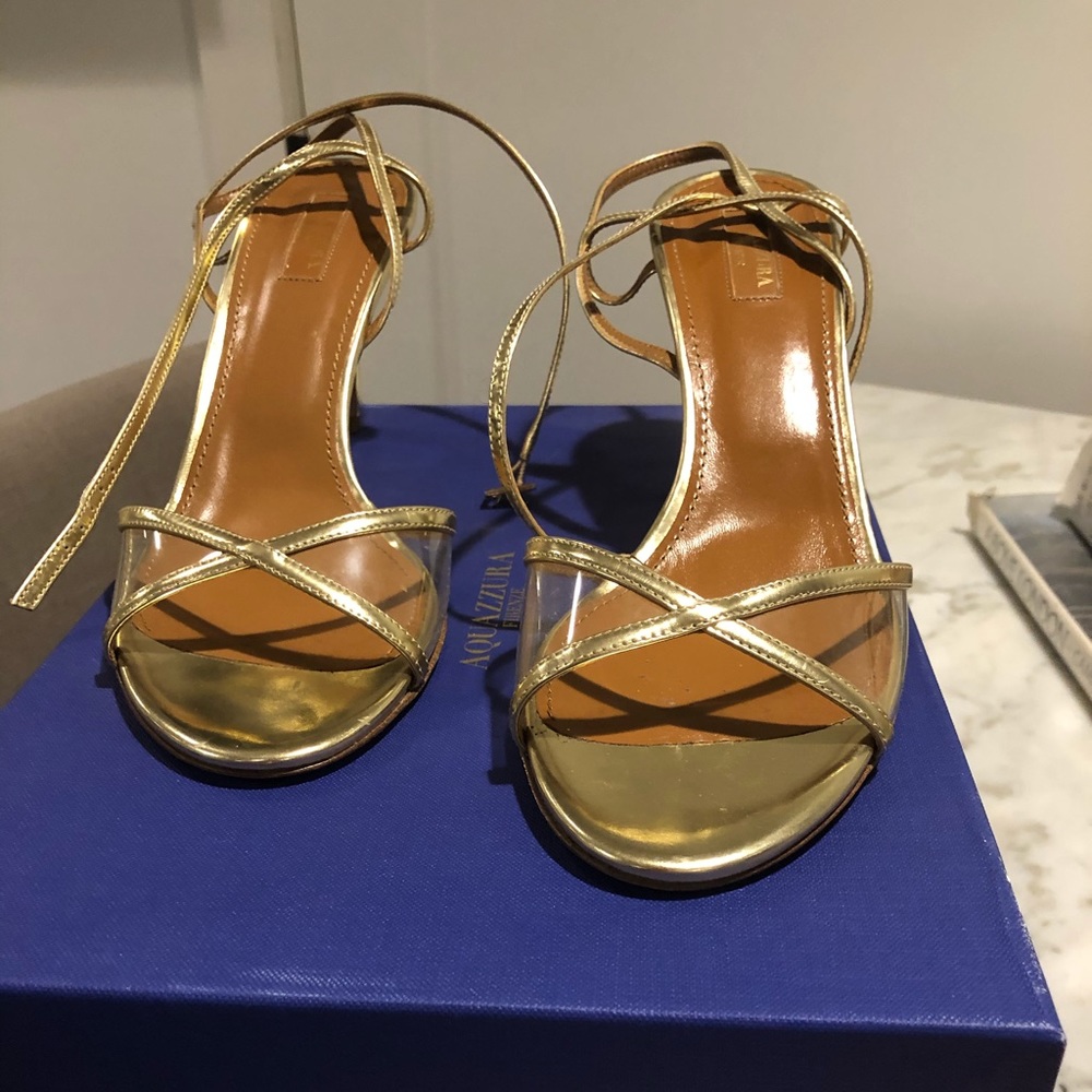 Aquazzura Leila Sandal 75 Gold with PVC worn once